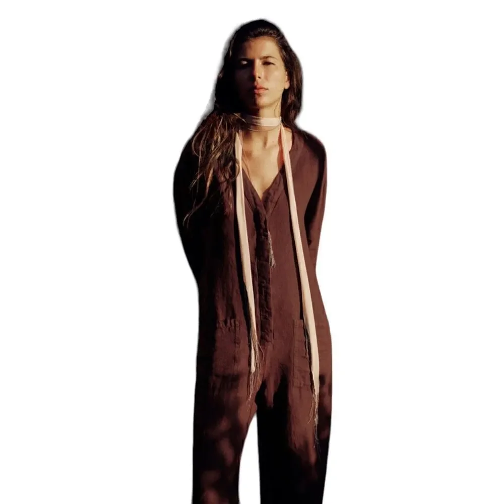 Zara Brown Full Length Linen Jumpsuit Size S NWT V-Neck Long Sleeve Romper
